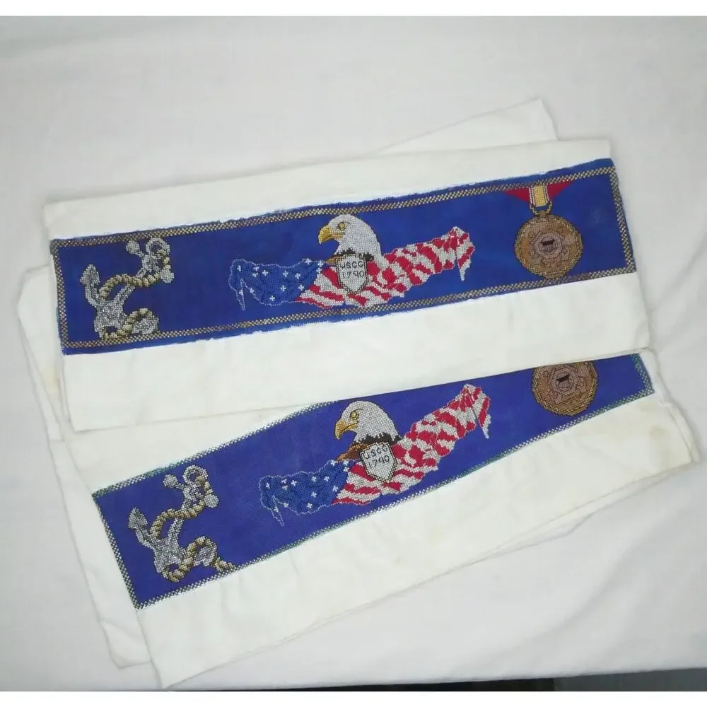 U.S. Coast Guard USCG Cross Stitch Pillowcases Eagle Anchor Medal‎ STAINS